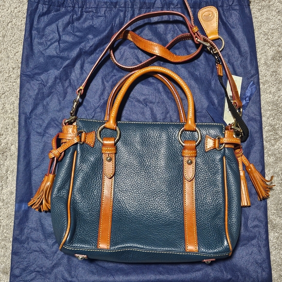 NWT - Vintage Dooney & Bourke Navy and Tan Leather Satchel - Picture 2 of 13